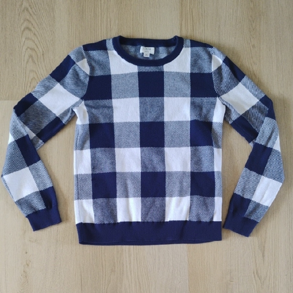 J. Crew Navy and White Plaid 100% Cotton Crewneck Sweater